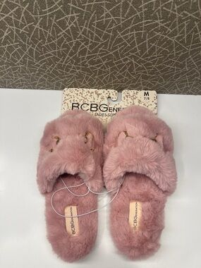 BCBGeneration Blush Pink Fuzzy Slide Slippers with Gold Accent